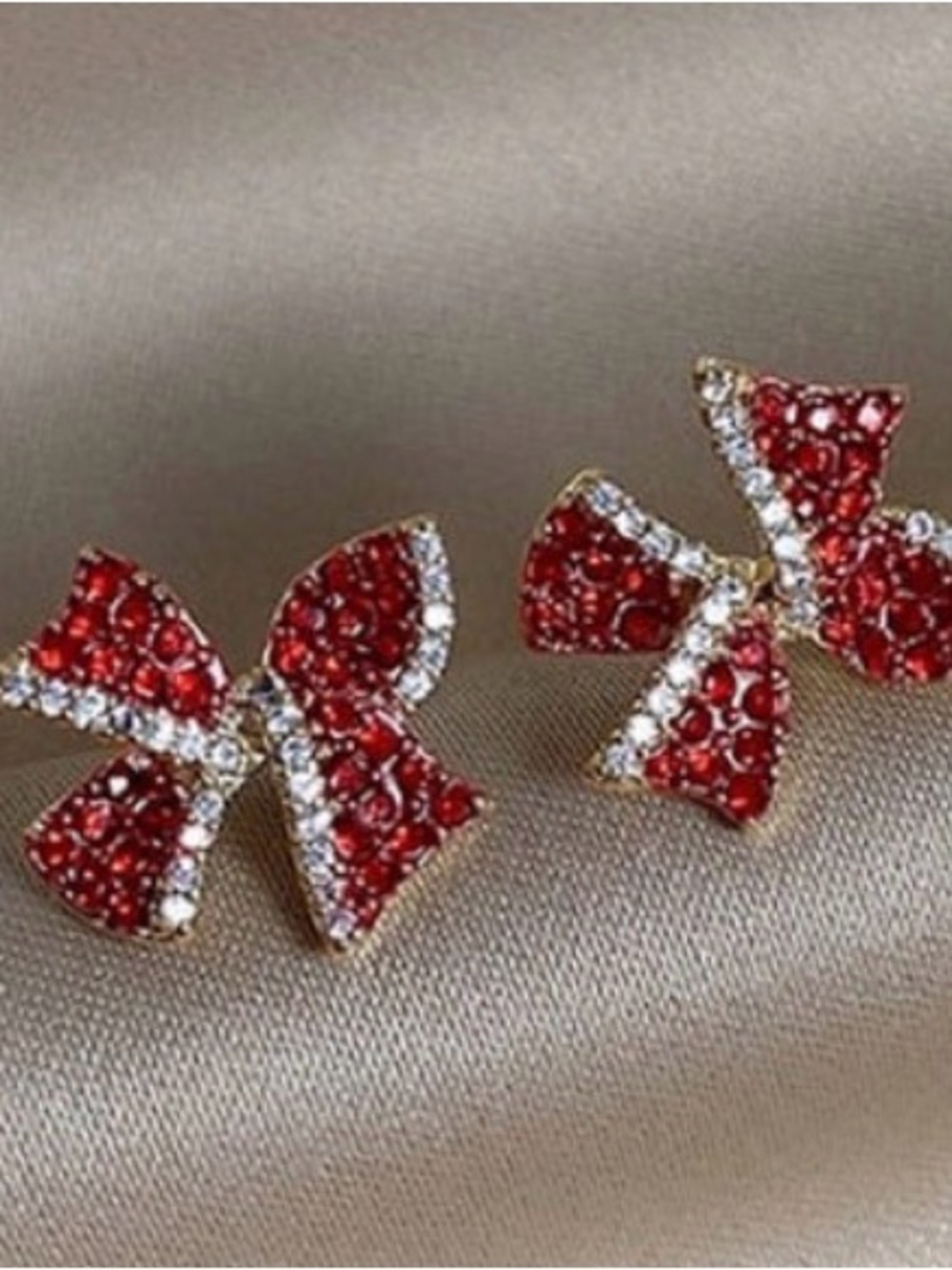 Elegant Red Bow Crystal Stud Earrings - Women Accessories
